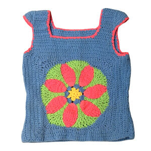 True Vintage 70s Crochet Tank Top Granny Square Boho Hippie Festival Womens M/L